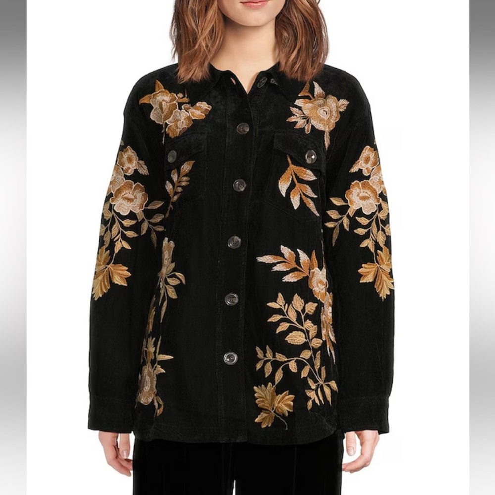 NWT JOHNNY WASFloral Embroidered Corduroy Point Collar Long Sleeve Shirt Jacket.